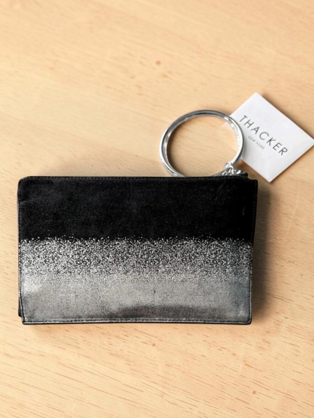 THACKER Black Suede and Metallic Silver Ombré‎ Gable Ring Wristlet Pouch